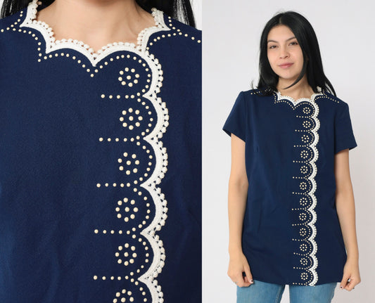 60s Navy Tunic Top Scalloped Lace Trim Mod Dot Print Short Sleeve Medium
