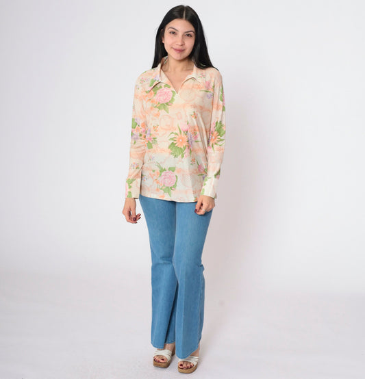 70s Pastel Bird Hot Air Balloon Floral Blouse Pointed Collar Long Sleeve Medium