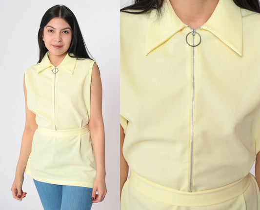 70s Yellow Sleeveless Zip-Up Blouse Pointed Collar Belted Waist Medium