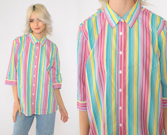 00s Striped Button Up Blouse Multicolor Rainbow Y2K Shirt Medium