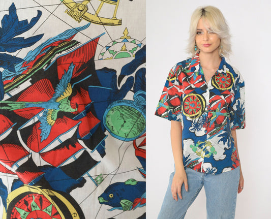 90s Nautical Print Button-Up Shirt Compass Parrot Globe Map Short Sleeve Large