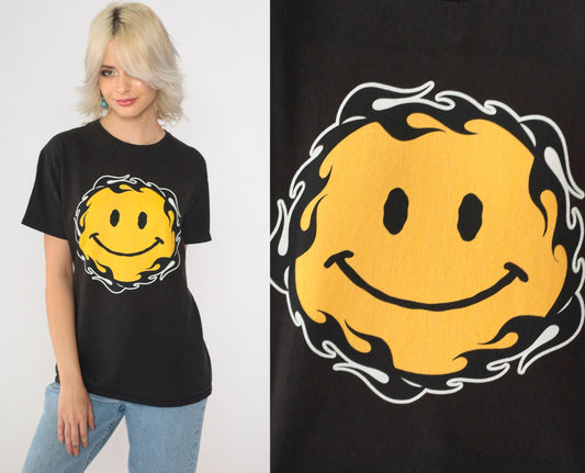 00s Smiley Face Flame Graphic T-Shirt Black Cotton Crew Neck Medium