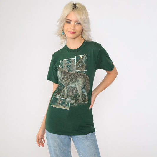 90s Wolf Graphic T-Shirt Green Cotton Crewneck Small S