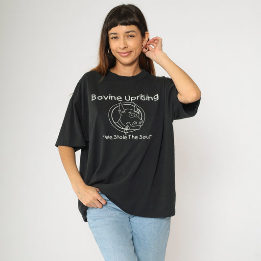 90s Bovine Uprising Graphic T-Shirt Black Cow Punk Tee Extra Large XL