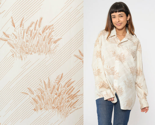 70s Farah Wheat Print Dagger Collar Button-Up Shirt White Men's XXL