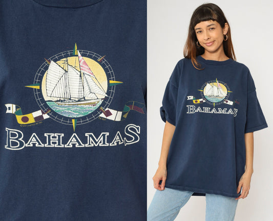 90s Bahamas Sailboat Graphic T Shirt Cotton Nautical Flag Tee Extra Extra Large XXL