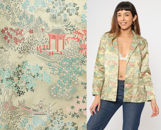 80s Asian Landscape Satin Blazer Yellow Pagoda Print Notched Collar Medium