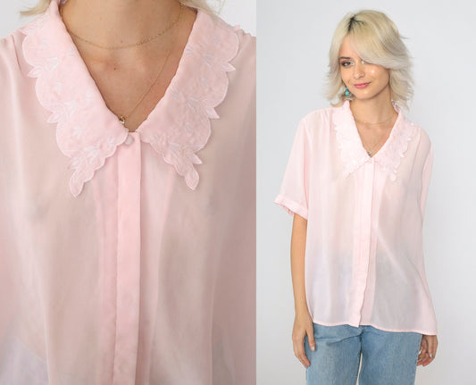 90s Sheer Pink Blouse Embroidered Collar Floral Button Up Short Sleeve Extra Large