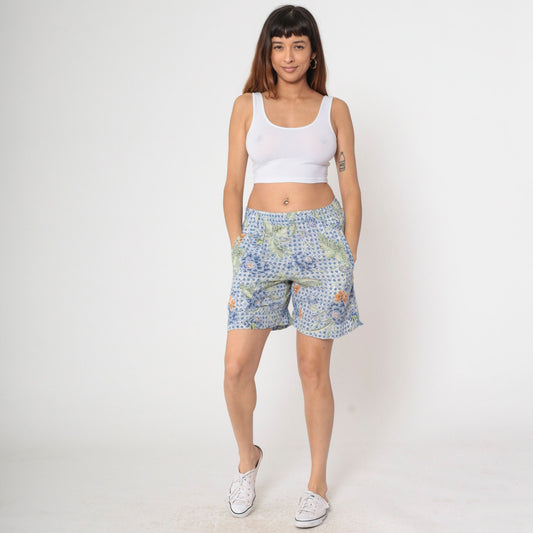 90s Lizwear Batik Floral Shorts Blue Cotton High Waist Small