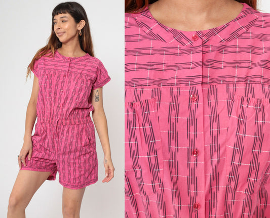 80s Bentley Pink Plaid Romper Button Front Short Sleeve Medium Large