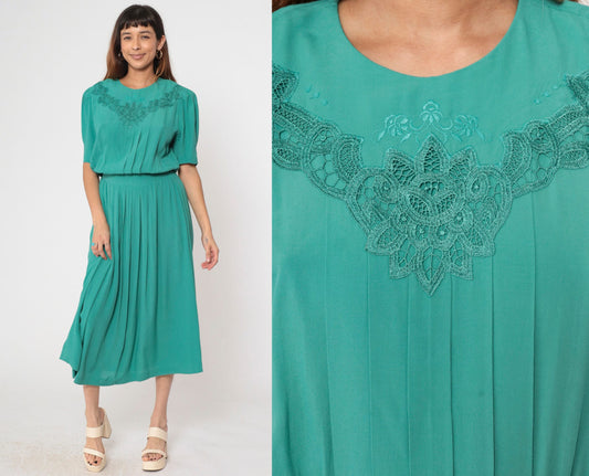 80s Karin Stevens Green Midi Dress Embroidered Lace Puff Sleeve Button Back Medium