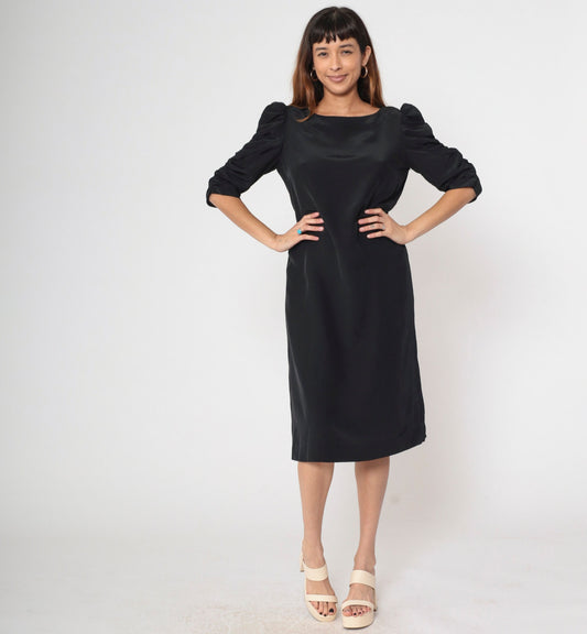 80s Black Puff Sleeve Shift Dress Midi Ruched Boatneck Medium