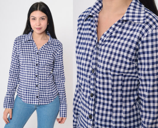 80s Blue Gingham Button-Up Blouse Princess Seam V-Neck Long Sleeve Small S