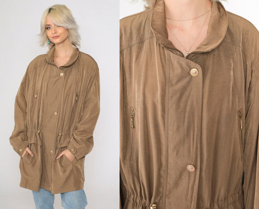 90s Plus Size Brown Windbreaker Jacket Drawstring Waist Zip Pockets XXL