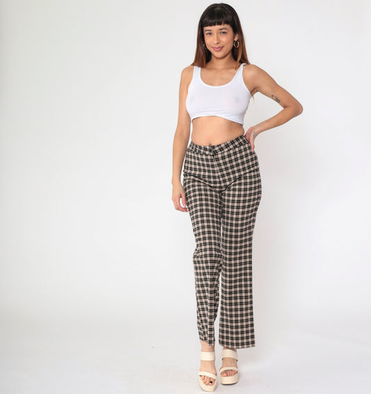 90s Star City Plaid Flared Trousers Black Tan Mid Rise Small 7