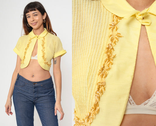 60s Yellow Bolero Jacket Floral Embroidery Peter Pan Collar Cropped Small S