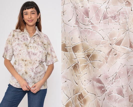 70s Lily Daché Abstract Geometric Print Button-Up Shirt Purple Brown Medium