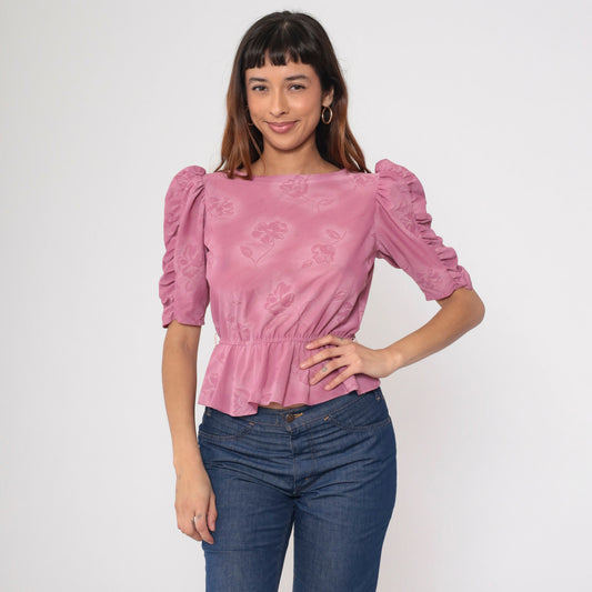 80s Floral Peplum Blouse Pink Puff Sleeve Crop Top Small