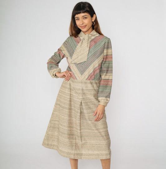 70s Kay Windsor Chevron Stripe Midi Dress Taupe Ascot Long Sleeve Medium Large