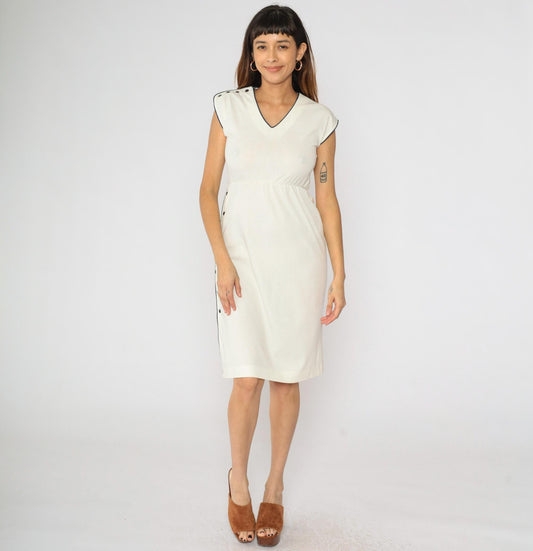 80s Lisette Cream Midi Dress Navy Piping V-Neck Cap Sleeve Extra Small