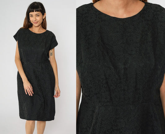 60s Black Brocade Sheath Dress Floral Cap Sleeve Midi Large L