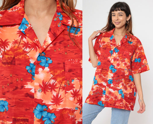 70s Hawaiian Shirt Tropical Floral Hula Dancer Palm Print Button Up Extra Large