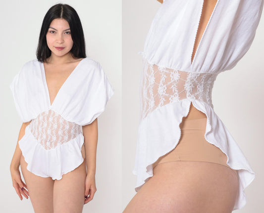 80s White Lace Teddy Bodysuit Deep V Plunge Open Back Medium