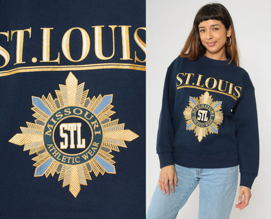 90s St. Louis Missouri Navy Crewneck Sweatshirt Gold Graphic Medium
