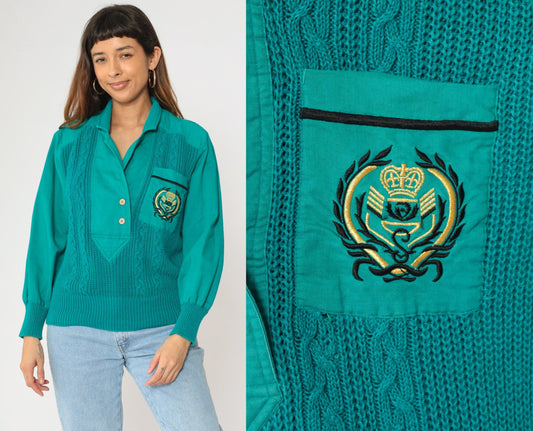 90s Teal Cable Knit Sweater Blouse Chest Pocket Ramie Cotton Medium