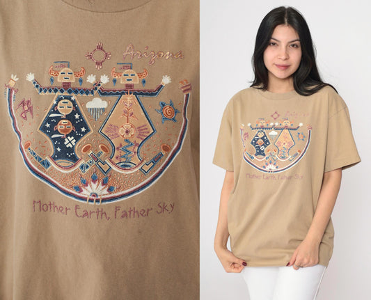 90s Arizona Native American Mother Earth Father Sky Graphic Tee Beige Cotton Large