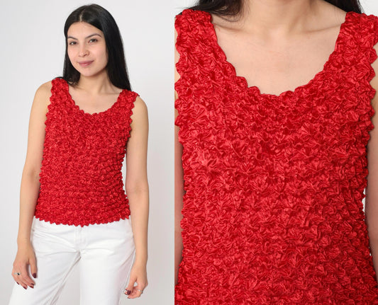 Y2K Red Popcorn Texture Tank Top Stretchy Sleeveless Blouse Small Medium Large