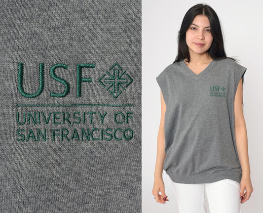 00s USF University of San Francisco Grey Knit Vest Pullover Large L