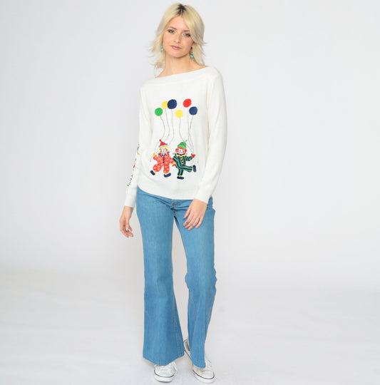 70s Clown Embroidered Sweater White Boatneck Pullover Novelty Small S