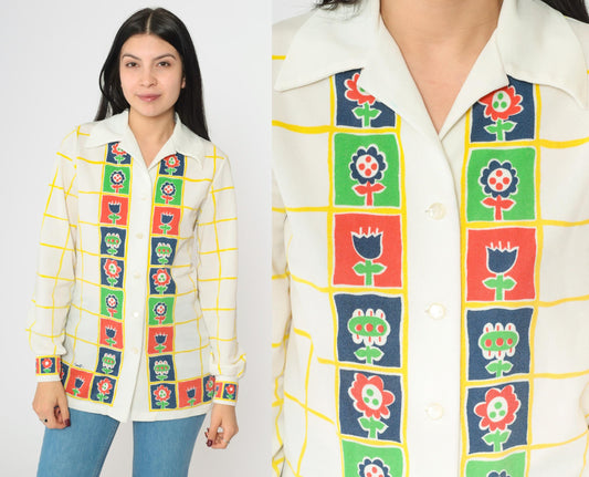 70s Floral Checkered Button-Up Blouse Dagger Collar Long Sleeve White Small