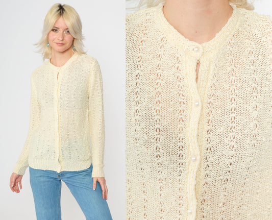 80s Le Roy Knitwear Pale Yellow Cardigan Pearl Buttons Pointelle Knit Small