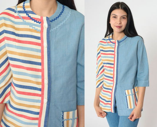 60s Striped Button-Up Blouse Blue Multicolor Rickrack Trim Pocket Small S