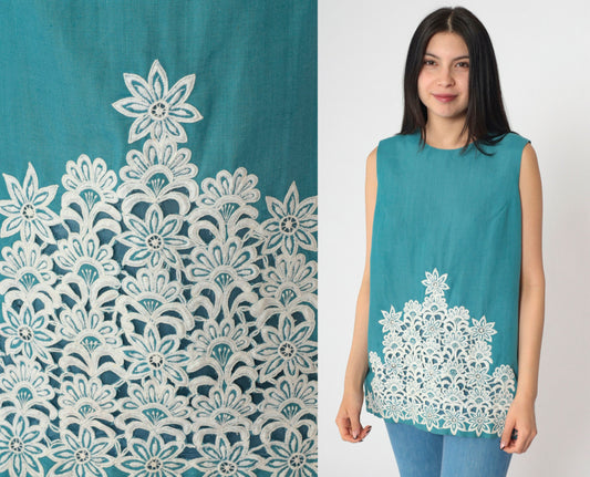 60s Teal Sleeveless Top White Floral Embroidery Round Neck Small S