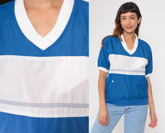 80s Pierre Cardin Ringer Tee White Blue Colour Block V-Neck Small S