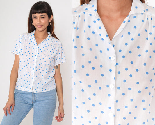 80s White Blue Polka Dot Button-Up Blouse Short Sleeve Medium