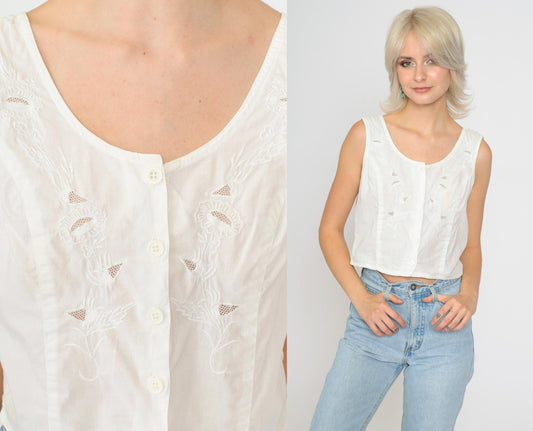 90s Munalisa Floral Embroidered Tank Top White Mesh Cutwork Small
