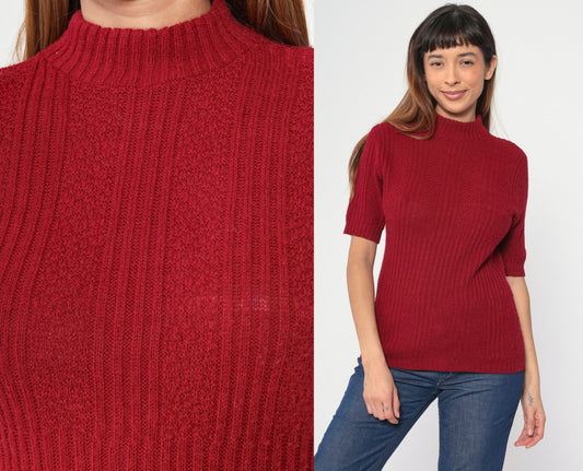 70s Burgundy Ribbed Knit Mock Neck Sweater Short Sleeve Small