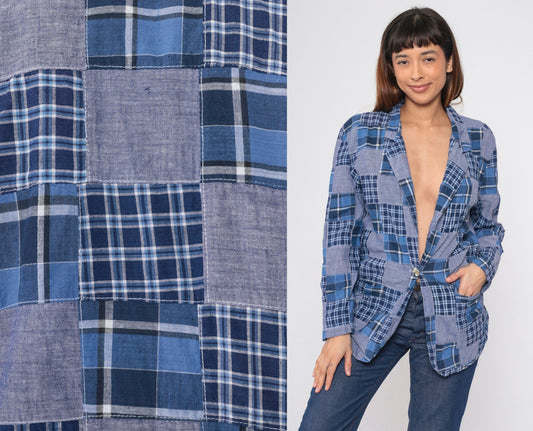 80s Clio Patchwork Plaid Blazer Blue Chambray V-Neck Button-Up Small