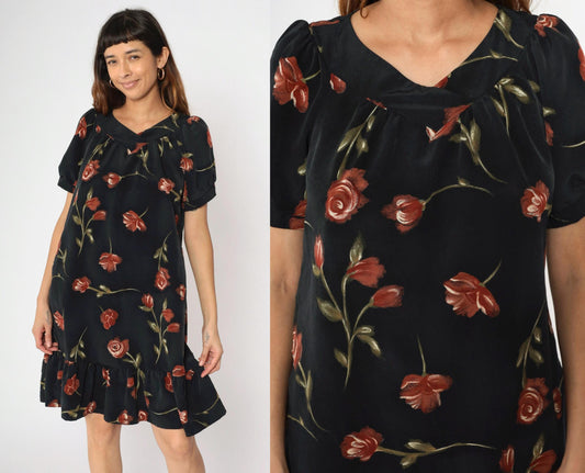 90s Black Floral Mini Dress Puff Sleeve A-Line Red Rose Print Medium