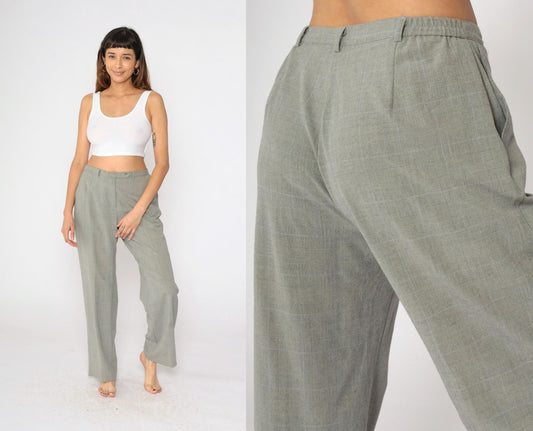 90s Grey Plaid Straight Leg Trousers High Rise Vintage Kim Rogers Medium