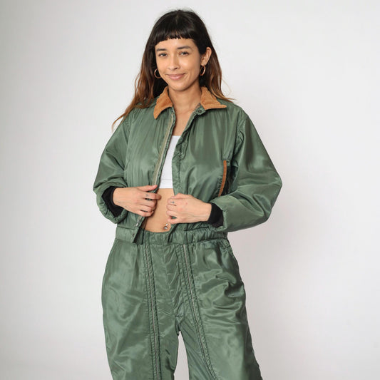 80s Green Nylon Ski Suit Brown Corduroy Collar Quilted Snowsuit Medium