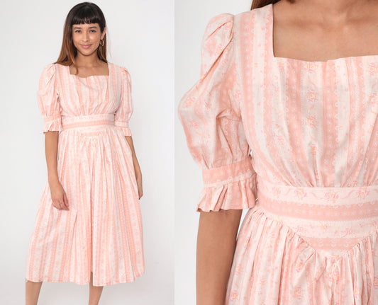 70s Pink Floral Midi Dress Puff Sleeve High Waist Small