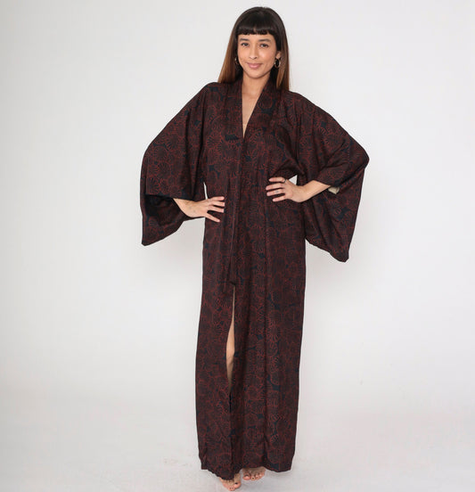 60s Black Kimono Robe Red Floral Print Full Length Maxi Large L
