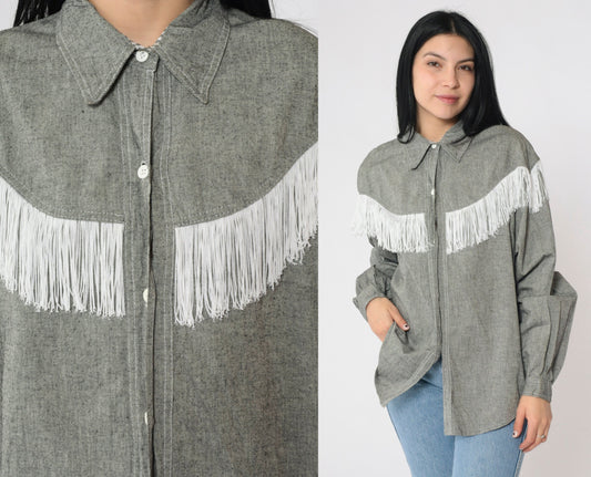 90s Lillie Rubin Western Fringe Shirt Grey Cotton Button-Up Large L