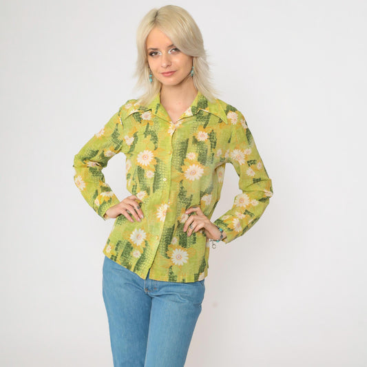 70s Green Floral Button-Up Blouse Dagger Collar Long Sleeve Medium