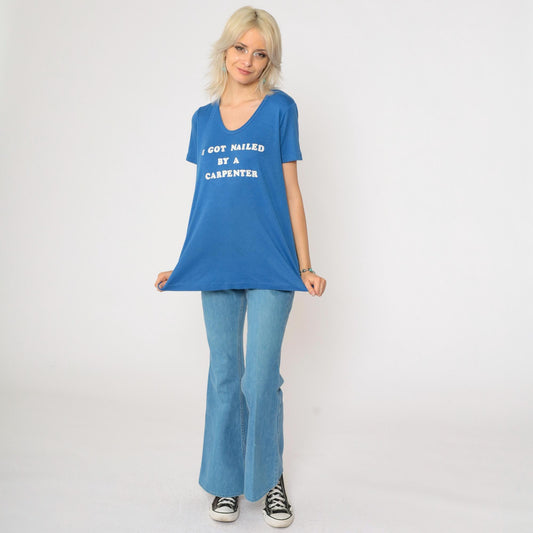 80s Maternity Graphic T-Shirt I Got Nailed By A Carpenter Blue Medium